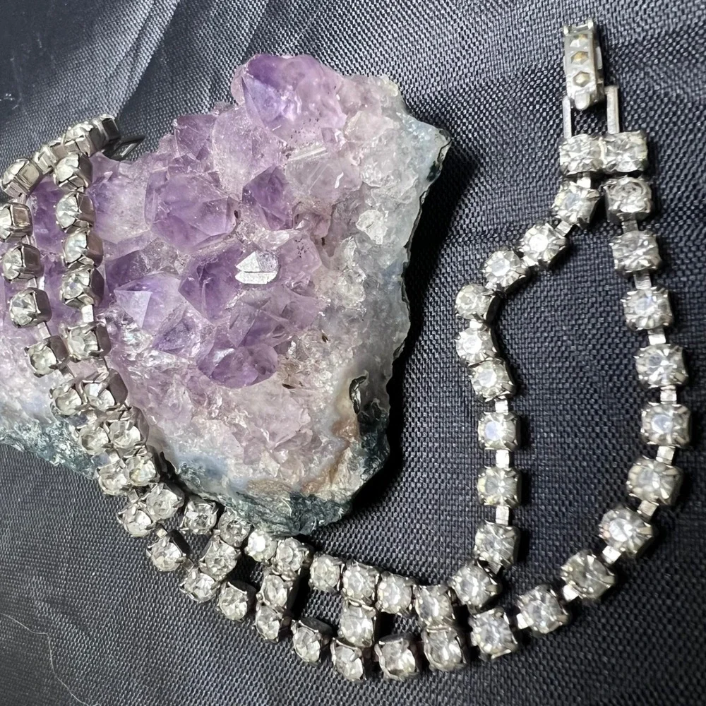 Vtg Rhinestone Bracelet Silver Tone Two Row Sparkling Bridal Formal‎ Prom Glam